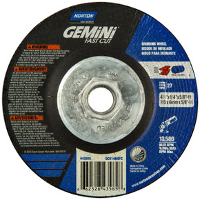 Norton 66252843585 4-1/2x1/4x5/8 - 11 In. Gemini FastCut AO Grinding Wheels, Type 27, 24 Grit, 10 pack