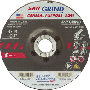 United Abrasives SAIT 20079 6x1/4x7/8 A24R Long Life No Hub Type 27 Metal Grinding Wheels, 25 pack