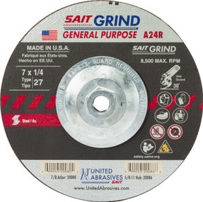 United Abrasives SAIT 20086 7x1/4x5/8-11 A24R Long Life Super Lock Hub Type 27 Metal Grinding Wheels, 10 pack