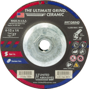 United Abrasives SAIT 20214 4-1/2x1/4x5/8-11 Ultimate Grind Ceramic Grinding Wheel, Depressed Center, Type 27, 10 pack
