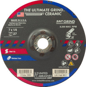 United Abrasives SAIT 20207 7x1/4x7/8 Ultimate Grind Ceramic Grinding Wheel, Depressed Center, Type 27, 25 pack