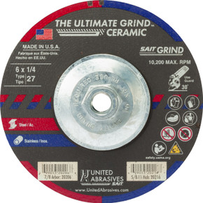 United Abrasives SAIT 20216 6x1/4x5/8-11 Ultimate Grind Ceramic Grinding Wheel, Depressed Center, Type 27, 10 pack