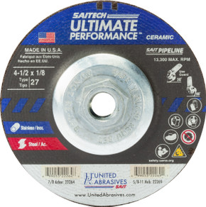 United Abrasives SAIT 22269 4-1/2x1/8x5/8-11 Saitech Pipeline Premium Cutting Grinding Wheels, 10 pack