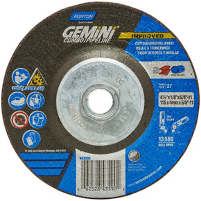 Norton 66252843590 4-1/2x1/8x5/8 - 11 In. Gemini Combo Pipeline AO Grinding and Cutting Wheels, Type 27, 24 Grit, 10 pack