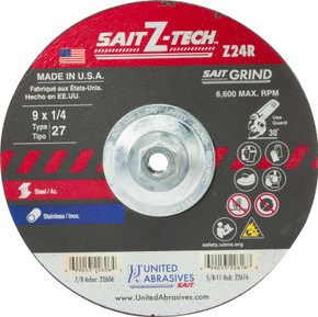 United Abrasives SAIT 22616 9x1/4x5/8-11 Z-TECH Z24R High Performance Super Lock Hub Type 27 Grinding Wheels, 10 pack
