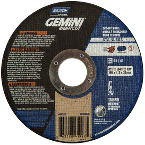 Norton 66252841997 4-1/2x.045x7/8 In. Gemini RightCut INOX/SS AO Reinforced Right Angle Cut-Off Wheels, Type 01/41, 36 Grit, 25 pack