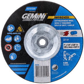 Norton 66252939259 7x1/8x5/8 - 11 In. Gemini Combo Pipeline AO Grinding and Cutting Wheels, Type 27, 24 Grit, 10 pack