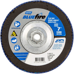 Norton 66254461190 7x5/8-11” BlueFire R884P Zirconia Alumina Plus Type 29 Flap Discs, 40 Grit, Coarse, 10 pack