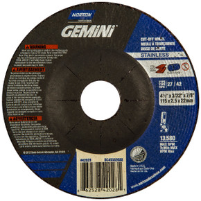 Norton 66252842028 4-1/2x3/32x7/8 In. Gemini INOX/SS AO Right Angle Cut-Off Wheels, Type 27/42, 30 Grit, 25 pack