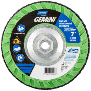Norton 66623399018 7x5/8-11” Gemini R766 Aluminum Oxide Zirconia Alumina Type 27 Quick Trim Flap Discs, 80 Grit, 10 pack