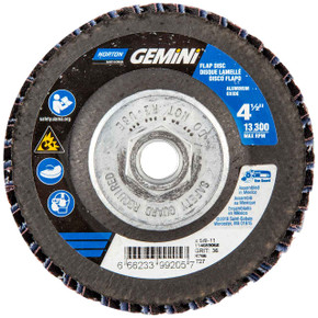 Norton 66623399205 4-1/2x5/8-11” Gemini R766 Aluminum Oxide Zirconia Alumina Type 27 Fiberglass Flap Discs, 36 Grit, 10 pack