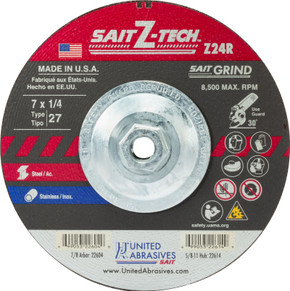 United Abrasives SAIT 22614 7x1/4x5/8-11 Z-TECH Z24R High Performance Super Lock Hub Type 27 Grinding Wheels, 10 pack