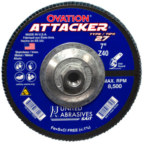 United Abrasives SAIT 76356 7x5/8-11 Ovation Attacker Type 27 Hub High Density Zirconium Flap Discs 40 Grit, 10 pack