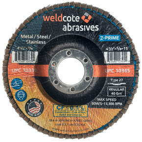 Weldcote 10339 4-1/2" x 7/8" Z-PRIME Flap Discs, Zirconia, Z-40, Type 27, 10 pack