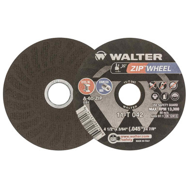 Walter 11T042 4-1/2x3/64x7/8 ZIP WHEEL High Performance Cut-Off Wheels Type 1 A60 Grit, 25 pack