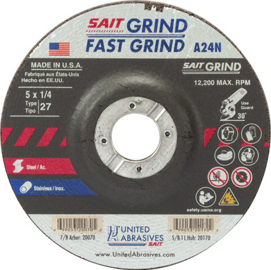 United Abrasives SAIT 20070 5x1/4x7/8 A24N Fast Grinding Metal/Stainless No Hub Type 27 Grinding Wheels, 25 pack