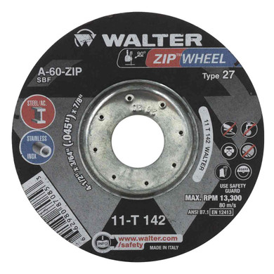 Walter 11T142 4-1/2x3/64x7/8 ZIP WHEEL High Performance Cut-Off Wheels Type 27 A60 Grit, 25 pack