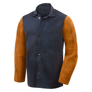 Steiner 1260 Weldlite Plus Hybrid FR Cotton with Leather Sleeves Welding Jacket, Blue/Rust, Small