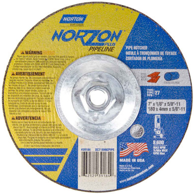 Norton 66252939184 7x1/8x5/8 - 11 In. NorZon Plus Pipeline SGZ CA Right Angle Cut-Off Wheels, Type 27/42, 30 Grit, 10 pack