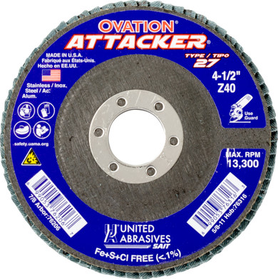 United Abrasives SAIT 76206 4-1/2x7/8 Ovation Attacker Type 27 No Hub High Density Zirconium Flap Discs 40 Grit, 10 pack