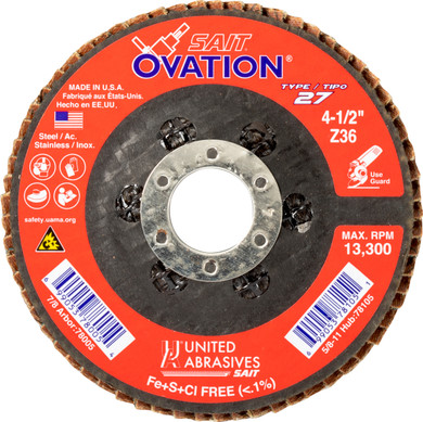 United Abrasives SAIT 78005 4-1/2x7/8 Ovation Type 27 No Hub High Density Zirconium Flap Discs 36 Grit, 10 pack