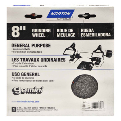 Norton 7660788286 8x1x1 In. Gemini 57A AO Type 01 Bench and Pedestal Wheel, 36/46 Grit, Coarse