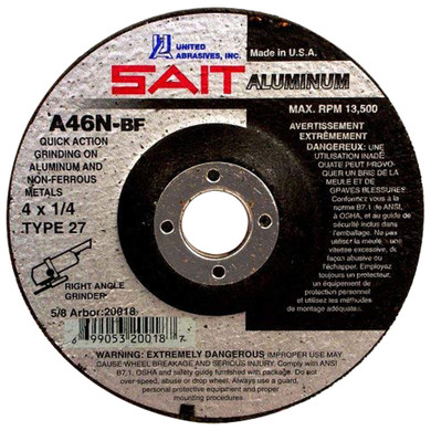 United Abrasives SAIT 20018 4x1/4x5/8 A46N Aluminum No Hub Type 27 Grinding Wheel, 25 pack