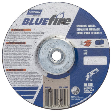 Norton 66252843224 6x1/4x5/8 - 11 In. BlueFire ZA/AO Grinding Wheels, Type 27, 24 Grit, 10 pack
