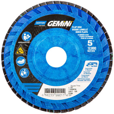 Norton 66623399011 5x7/8” Gemini R766 Aluminum Oxide Zirconia Alumina Type 27 Quick Trim Flap Discs, 120 Grit, 10 pack