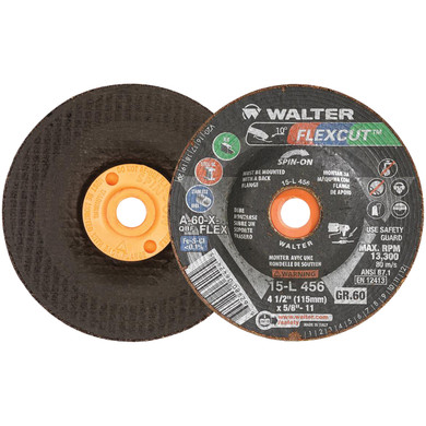 Walter 15L456 4-1/2x5/8-11 Flexcut Spin-On Grinding Wheels Contaminant Free Type 29S Grit 60, 25 pack