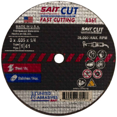 United Abrasives SAIT 23052 3x.035x1/4 A36T Fast Cutting Thin High Speed Cut-off Wheels, 100 pack