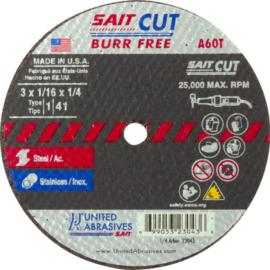 United Abrasives SAIT 23043 3x1/16x1/4 A60T Burr Free Thin High Speed Cut-off Wheels, 50 pack