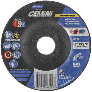 Norton 66252843594 4-1/2x1/4x7/8 In. Gemini AO Grinding Wheels, Type 27, 24 Grit, 25 pack