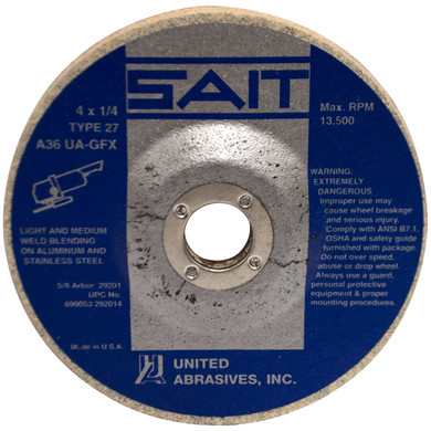 United Abrasives SAIT 29201 4x1/4x5/8 A36 Cotton Fiber UA-GFX Latex Bond Type 27 Blending Wheel, 10 pack