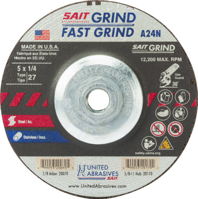 United Abrasives SAIT 20170 5x1/4x5/8-11 A24N Fast Grinding Metal/Stainless Super Lock Hub Grinding Wheels, 10 pack