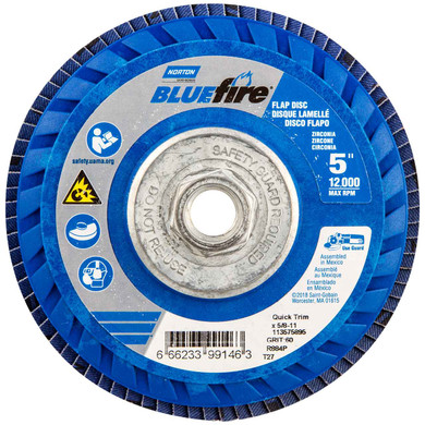 Norton 66623399146 5x5/8-11” BlueFire R884P Zirconia Alumina Plus Type 27 Quick Trim Flap Discs, 60 Grit, Coarse, 10 pack