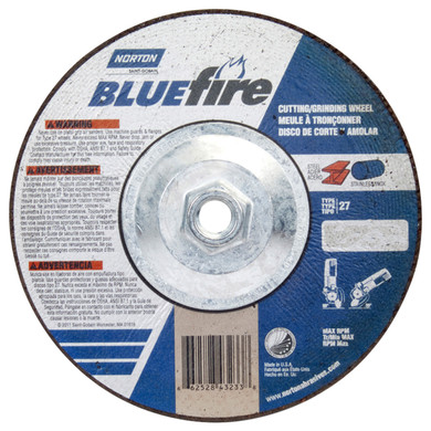 Norton 66252843233 7x1/8x5/8 - 11 In. BlueFire ZA/AO Grinding and Cutting Wheels, Type 27, 30 Grit, 10 pack