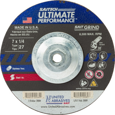 United Abrasives SAIT 20089 7x1/4x5/8-11 Saitech Ultimate Performance Super Lock Hub Type 27 Grinding Wheel, 10 pack