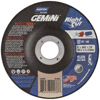 Norton 66252842036 5x.045x7/8 In. Gemini RightCut AO Right Angle Cut-Off Wheels, Type 27/42, 24 Grit, 25 pack