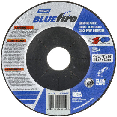 Norton 66252843214 4-1/2x1/4x7/8 In. BlueFire ZA/AO Grinding Wheels, Type 27, 24 Grit, 25 pack