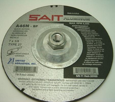 United Abrasives SAIT 20088 7x1/4x5/8-11 A46N Aluminum Super Lock Hub Type 27 Grinding Wheel, 10 pack