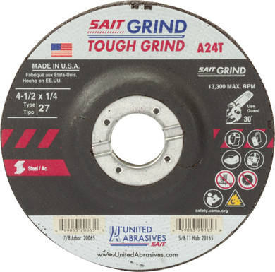 United Abrasives SAIT 20065 4-1/2x1/4x7/8 A24T Tough Grind No Hub Type 27 Grinding Wheel, 25 pack