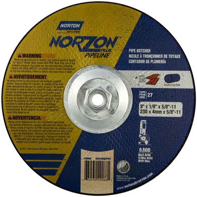 Norton 66253049066 9x1/8x5/8 - 11 In. NorZon Plus Pipeline SGZ CA Right Angle Cut-Off Wheels, Type 27/42, 30 Grit, 10 pack