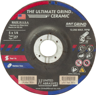 United Abrasives SAIT 20205 5x1/4x7/8 Ultimate Grind Ceramic Grinding Wheel, Depressed Center, Type 27, 25 pack