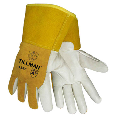 Tillman 1357 Grain/Split Cowhide MIG Gloves, Kevlar Sock Lining, A7 Cut Resistance, 4" Cuff, Large