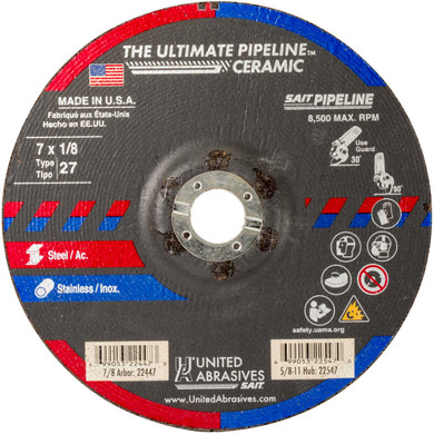 SAIT 22447 The Ultimate Pipeline™ CeramicType 27 Grinding Wheels 7" Diameter with 7/8" Arbor, Pack of 25