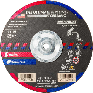 SAIT 22549 The Ultimate Pipeline™ CeramicType 27 Grinding Wheels 9" Diameter with 5/8"-11 Arbor, Pack of 10