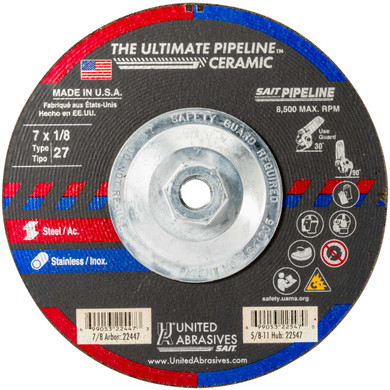 SAIT 22547 The Ultimate Pipeline™ CeramicType 27 Grinding Wheels 7" Diameter with 5/8"-11 Arbor, Pack of 10