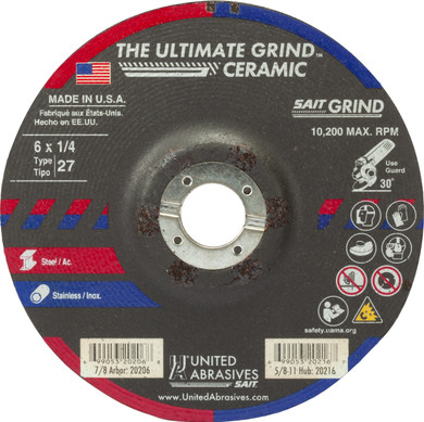 United Abrasives SAIT 20206 6x1/4x7/8 Ultimate Grind Ceramic Grinding Wheel, Depressed Center, Type 27, 25 pack