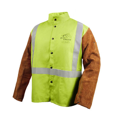 Black Stallion JH1012-LM Cotton/Cowhide Welding Jacket with Pass-Through, 30" 9 oz, Lime, Medium